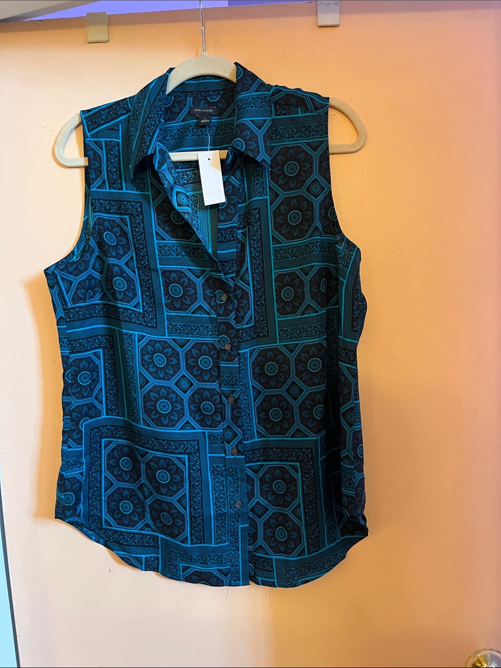 Ann Taylor Teal and Black Sleeveless Geometric Print Top